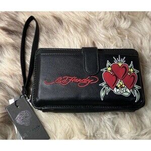 NWT Ed Hardy Bifold Zip Around Wristlet - Triple Hearts